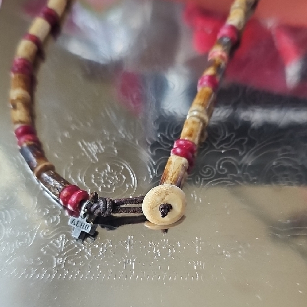 Aeropostale Tulsi Wood & Leather Beaded Necklace 16" W Aero Tag Button Closure - Picture 6 of 6